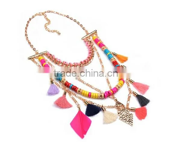 Fashion National style Mutil Chain Tassels Colorful Beads Chunky Choker Necklace Jewelry