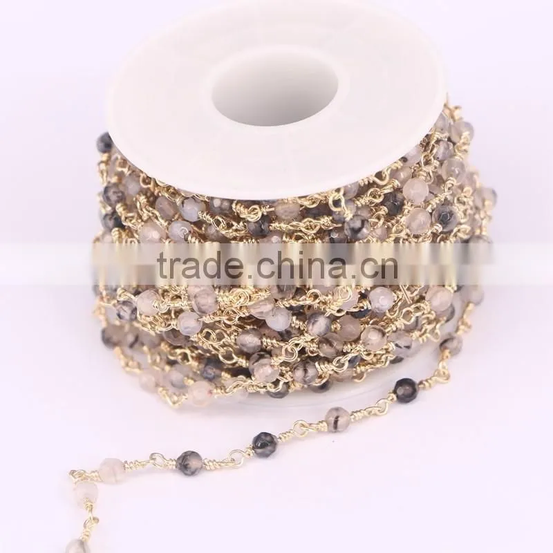 Natural Grey Agate Faceted Round Bead Chain, Gold Wire Wrapped Rosary Chain Necklace Jewelry Findings