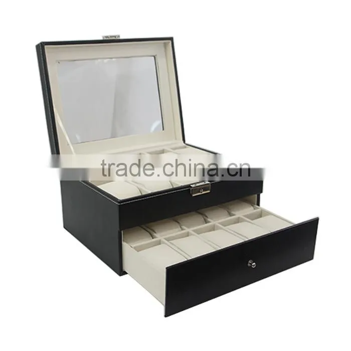 Store More Watch Box Large 20 Mens Black Leather Display Glass Top Jewelry Case Organizer