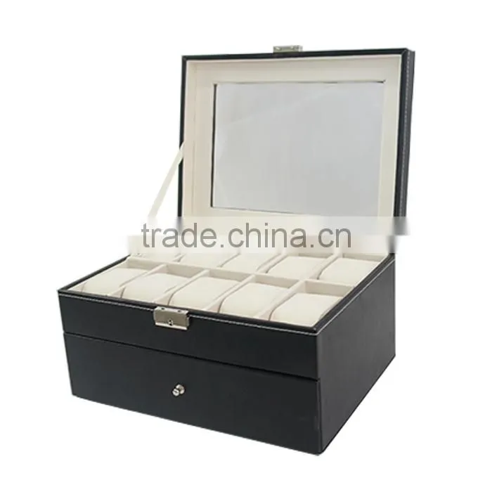 Store More Watch Box Large 20 Mens Black Leather Display Glass Top Jewelry Case Organizer