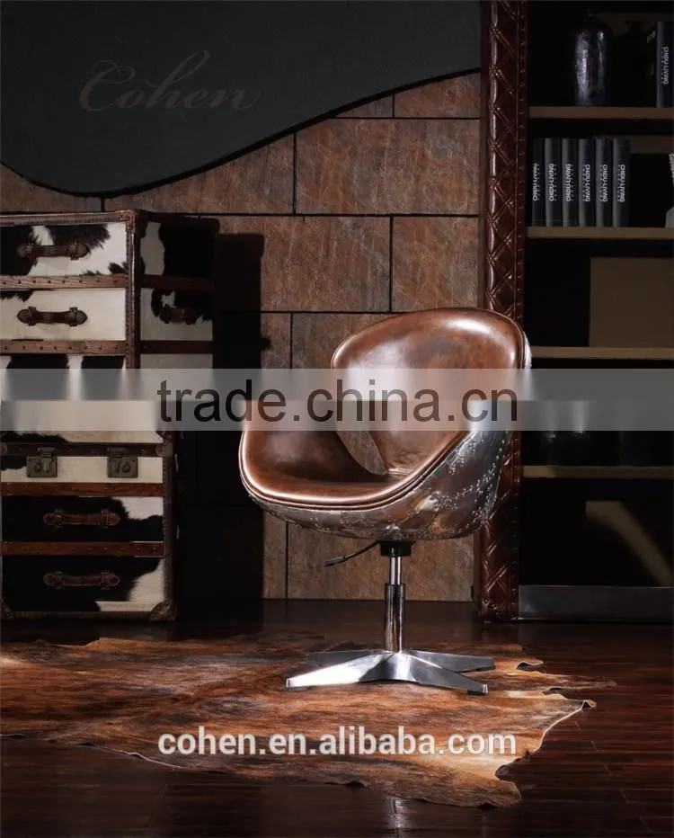 Luxury white top grain leather leisure chair/egg chair with aluminium coating back swivel bar chair
