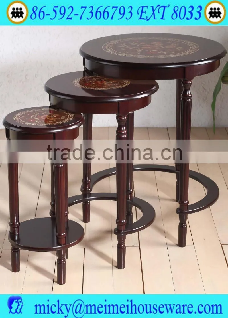3 pcs nesting adjustable wooden coffee table with flower sticker