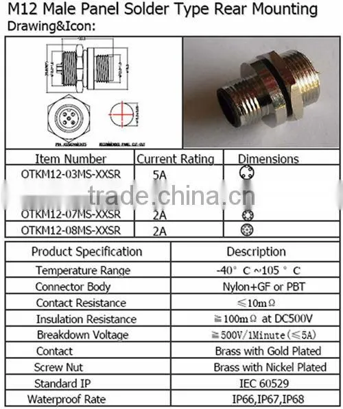 M12 Male panel solder type rear mounting Waterproof Connector
