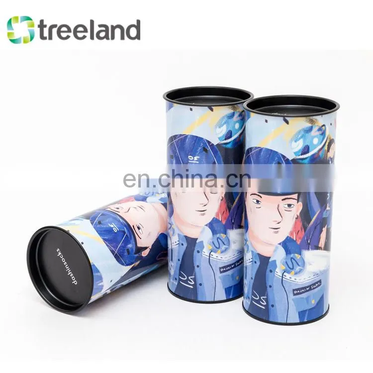 Recyclable round shape packages re-usable tin plug cardboard tube box packaging for socks