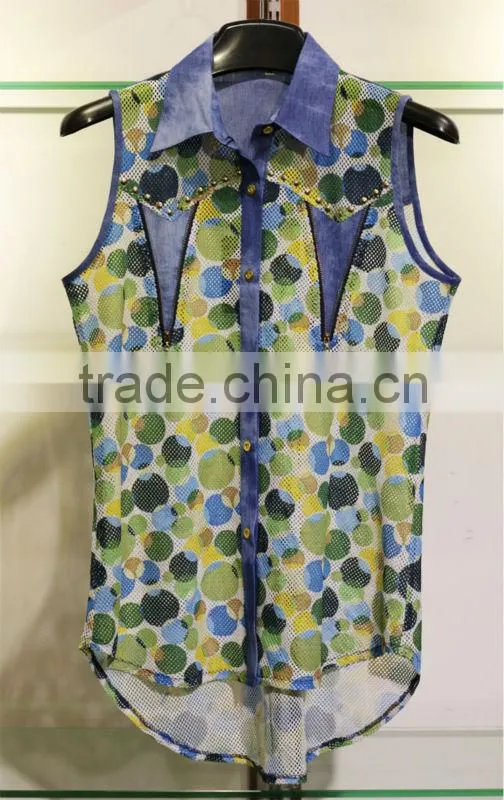 Women's sleeveless two-tone tops with colourful polka dots