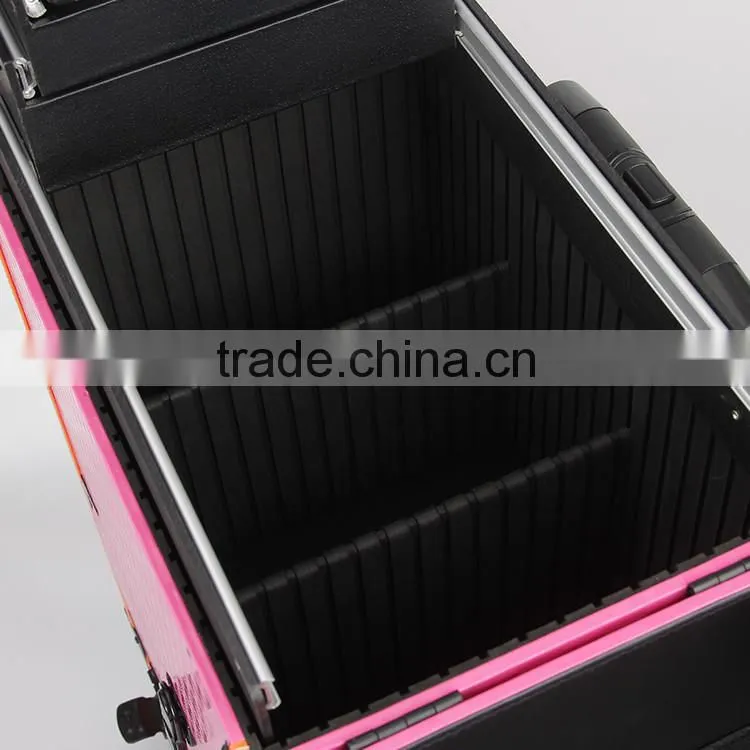 wholesale fushia trolley hairdressing artist case on 360 degree rolling wheels with drawers for makeup