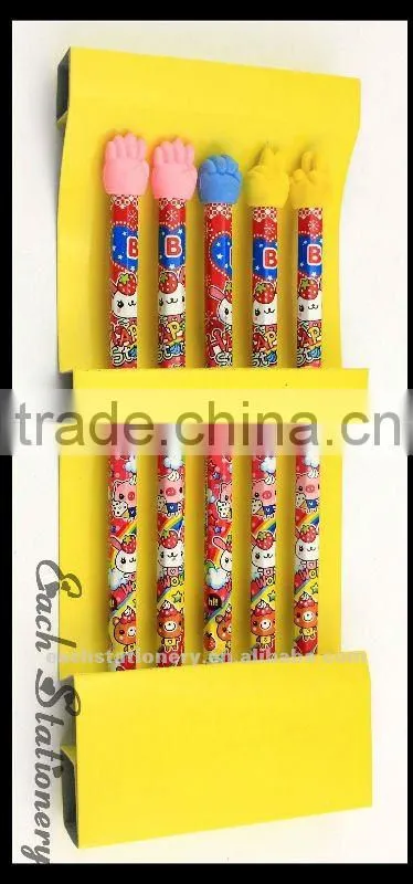 2012 hot sales 7inch hot transfer parinting cartoon pencil set with eraser top 5 pieces gift stationery set