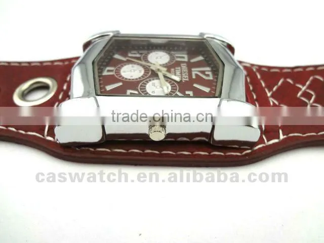 Heavy square mental watch with stitch PU leather strap