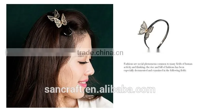 Latest fashion jewelry hair band clasp crystal black butterfly hair jewelry