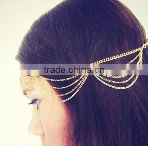 Hot Fashion Women Gold Tassel Crown Head Jewelry Punk Multilayers Head Chain
