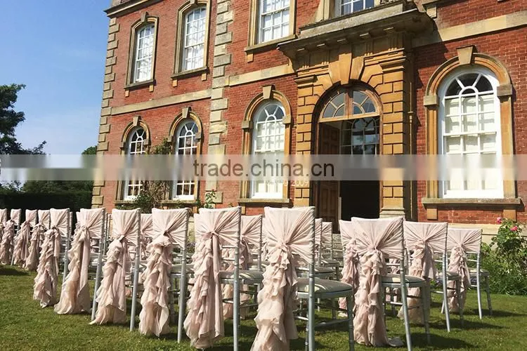 Hot sale 2016 wholesale blush chiffon ruffled wedding chair cover sash hood