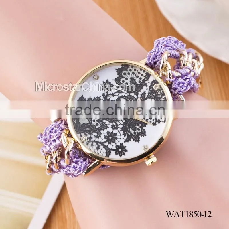 DIY hand made woven chain black flower fashion lady watch