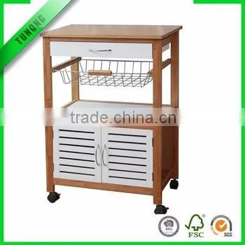 Multifunction bamboo kitchen vegetable trolley with drawer and basket