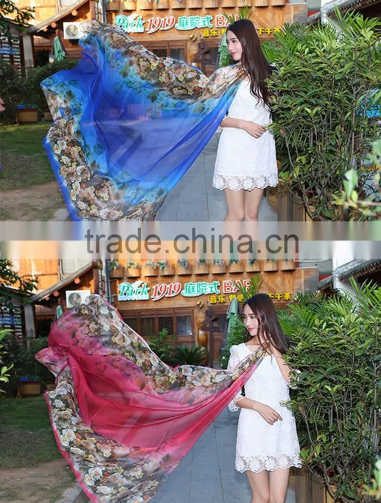 Big Long Rose Pattern Summer Scarf and Shawl for Women Imitated Silk Material More Vivid Royalblue Pink Flamingo Green