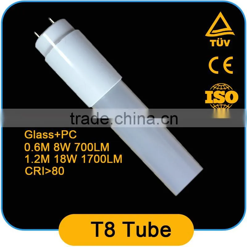 T8 led tube light ,glass+pc tube ,1.2m 18w 1700lm,CRI >80,IC driver, 85v-265v ac,t8 led tube,CE ,ROHS,led tube lighting