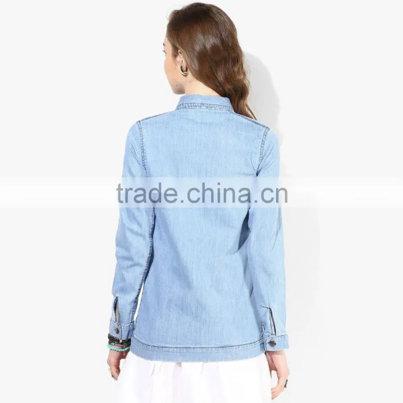 newest fashion design plain light blue women jeans jacket wholesale