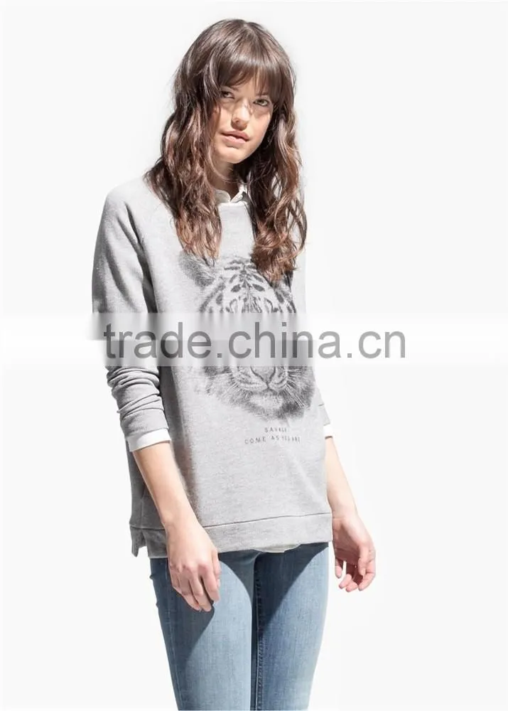 tiger printed grey womens sweatshirts without hood wholesale