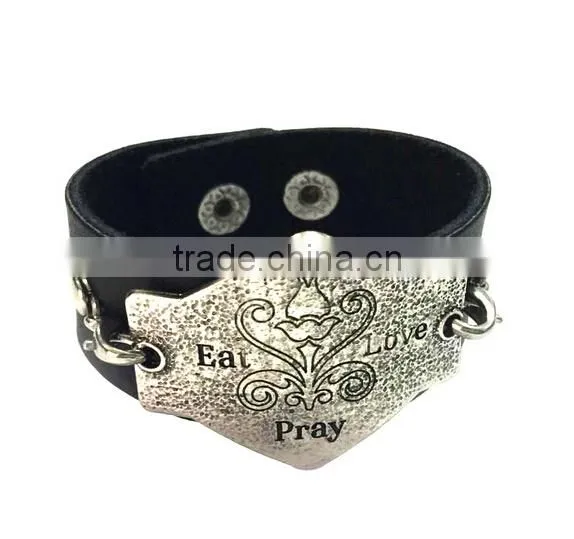 Custom words charms leather bracelet,antique men leather bracelets,stylish leather wristband