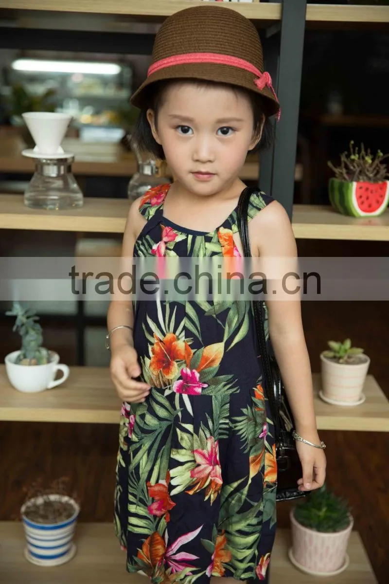 fashion 2016 girl sleeveless strap dress bright color printed flower girl dress