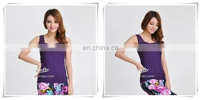 Lace Trim Square Neck Tank Top Bamboo Fiber Ladies Sleeveless Vest