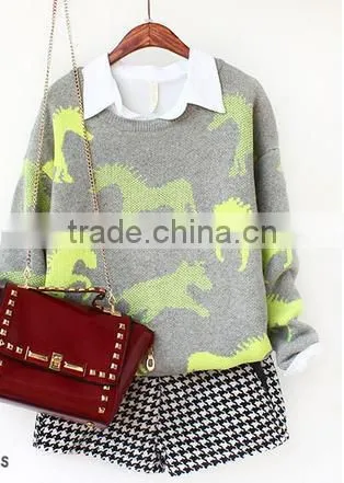 The pony pattern sets loose joker long-sleeved round collar knitting sweater