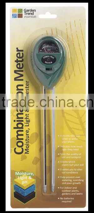 3-WAY SOIL METER (Moisture pH Light) Indoor Outdoor Monitor