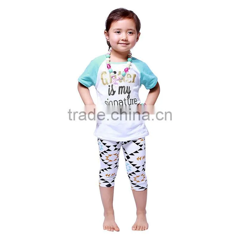 2016 kaiya summer kids girls printed and enbrodery designs t-shirt and pant