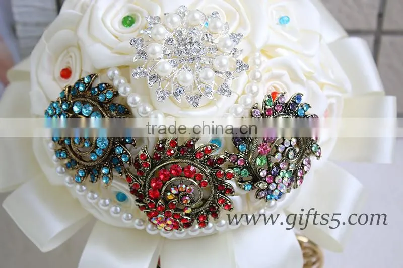 Handmade elegant satin roses bouquet for bride brooch jewelry bouquet
