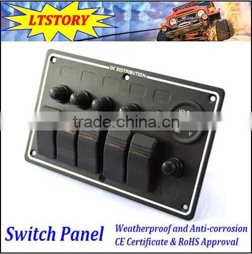 5 GANG ALUMINUM LED WATERPROOF ROCKER SWITCH PANE+VOLTMETER