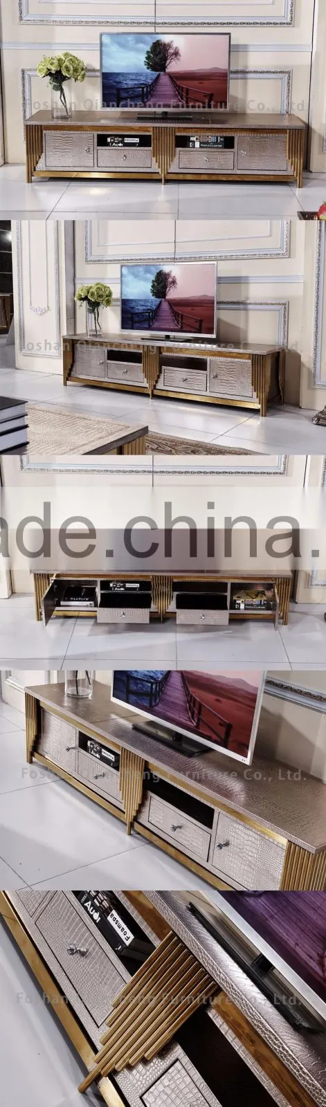 Hotel furniture led tv stand tv table with gold metal frame pu cover top