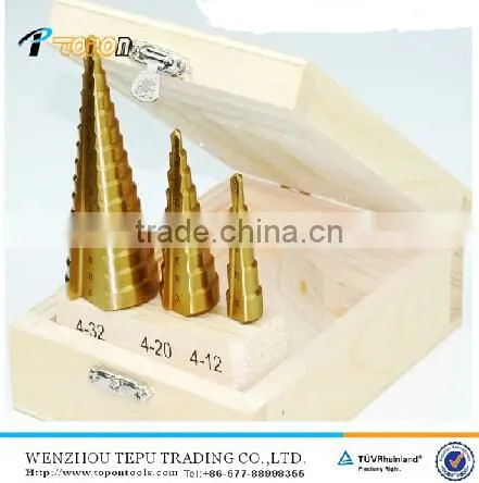 Tin coated. 3pcs HSS step drill set in wood bix packing