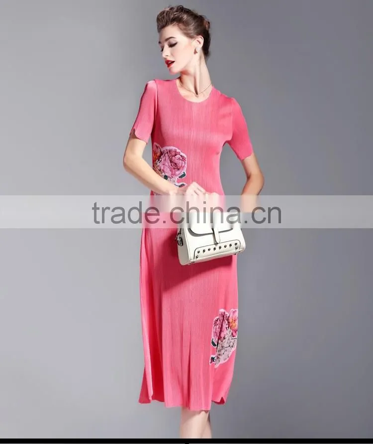 Bodice flower printing OL fashion draped women slim dresss