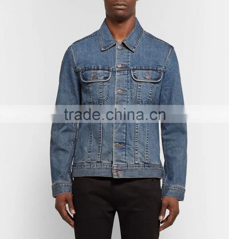 High Quality Endurable Mens Lapel Shawl Collared Button Closured Men's Denim Jeans Jacket with Two Chest Pockets