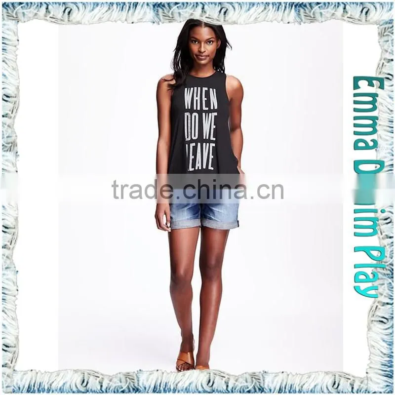 Latest Design Girls Words Printed Round Neck Sleeveless Grey Cotton Tank T Shirt