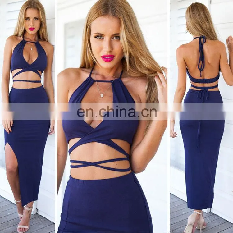 Plunging halter sexy two piece Navy blue bodycon dress
