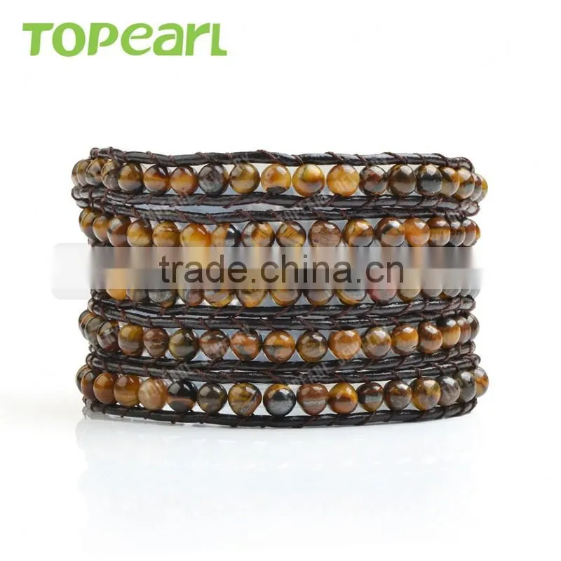Topearl Jewelry 2016 Tiger Eye Fashion Bracelet Woven Leather Wrap Bracelet 33.5 Inches CLL136