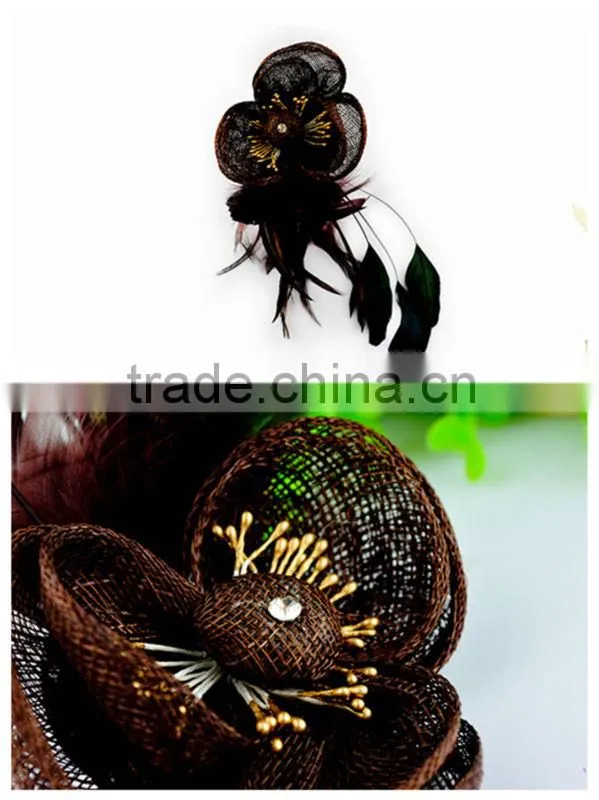 China import peacock feather brown brooch hair clips with crystal