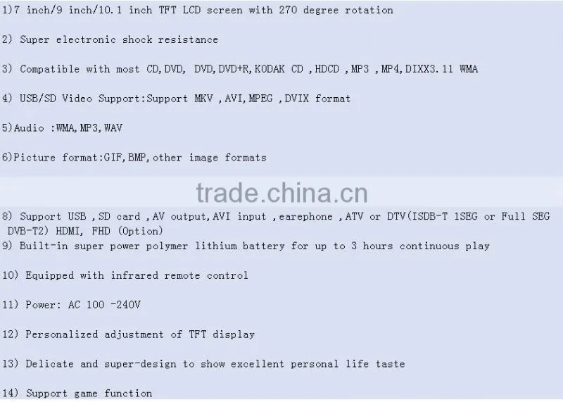 2016 Shenzhen factory removable High-Definition Multimedia Interface rechargeable portable evd dvd player