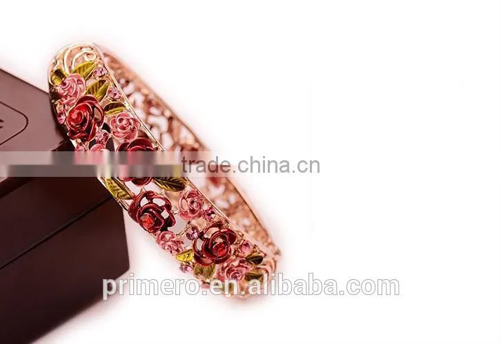 Rhinestone Embed Hollow Leaves Blessing Flowers Rose Golden Bracelets Bangles Women