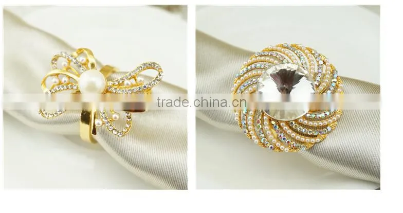 Alloy cheap napkin ring for wedding decoration bulk wholesale silver crystal pearl customize