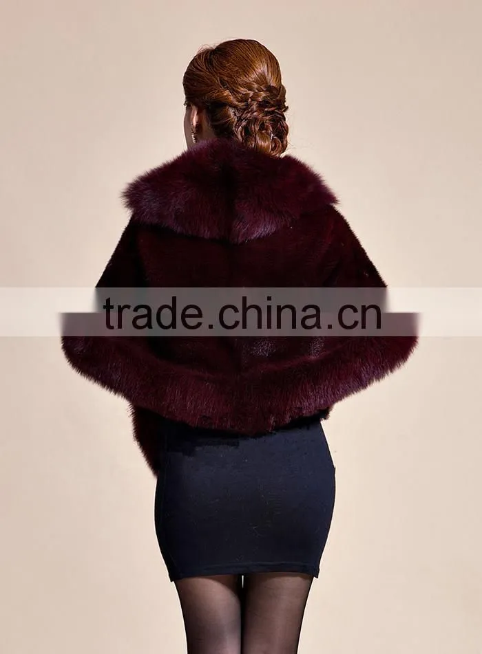 Lady's Real Mink Fur With Fox Fur Coat Mink Fur Coat Poncho / Shawl / Coats