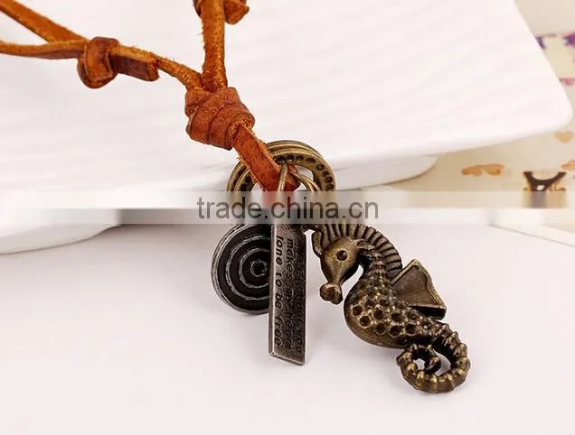 2016 New Design Vintage Hippocampus Leather Necklace Men Handmade Jewelry