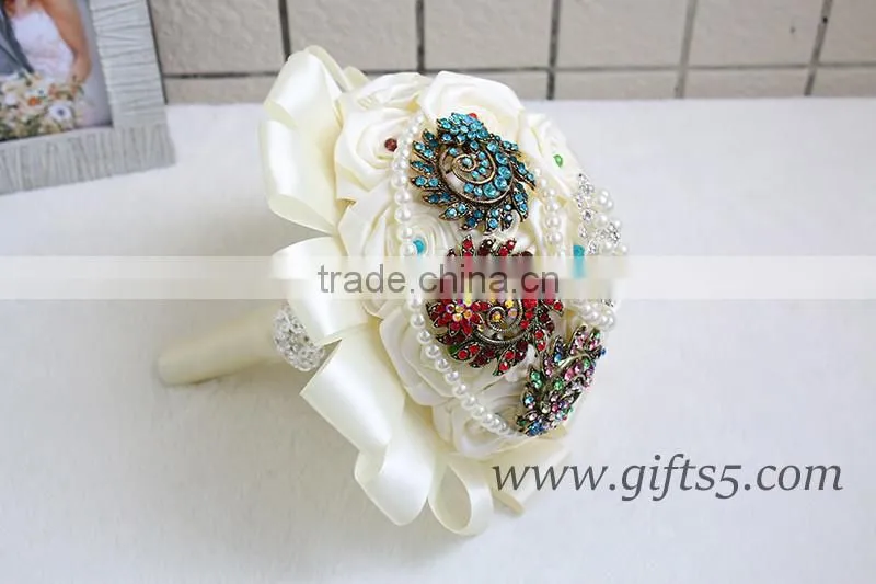 Handmade elegant satin roses bouquet for bride brooch jewelry bouquet