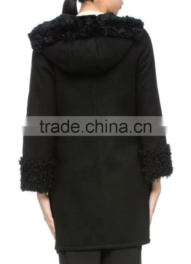 Customized ladies' long Chinese full lambskin hooded coat with horn toggles button