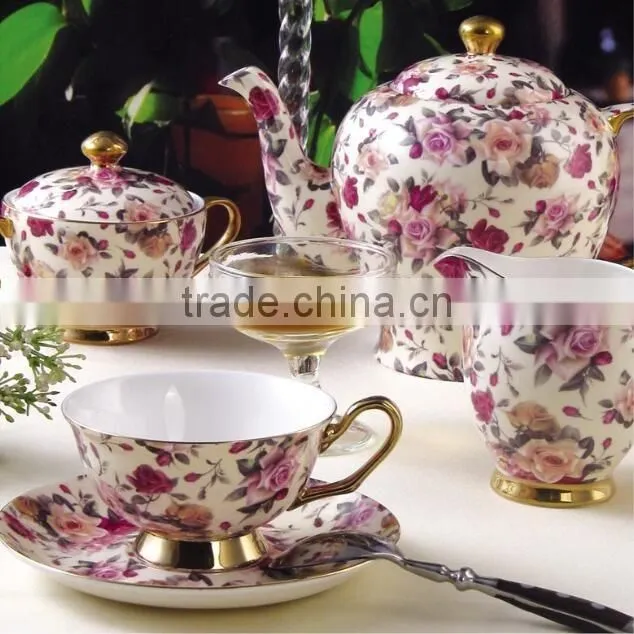 European Flower Design Fine bone china with golden rim 15 pcs tea/coffee set
