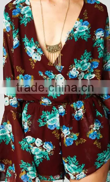 cheap 2015 sexy ladies Long bell sleeve Deep V neck print floral plus size loose short chiffon playsuit romper jumpsuit