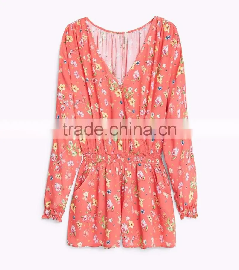fashion shoulder design ladies v neck custom printing one piece jumpsuit for women