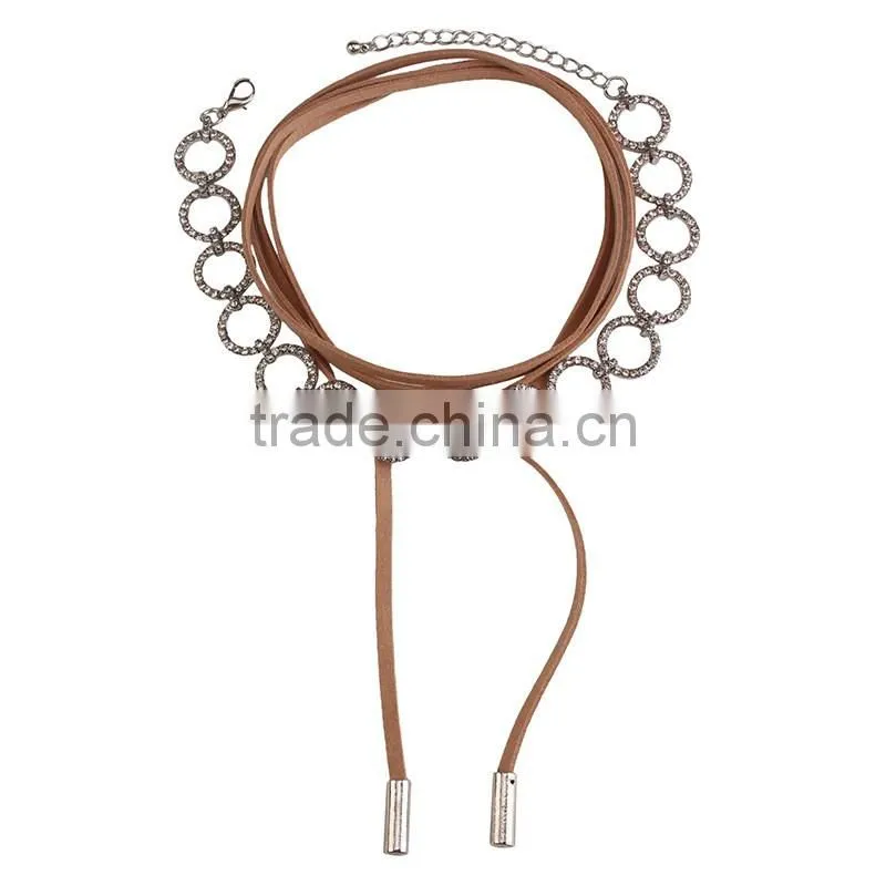 Simple brand dimond choker necklace with long leather rope accessories