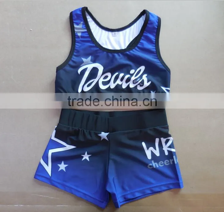 Cheap Girls Cheerleader Uniforms, Comfortable Lycra Compression Cheerleading Bras and Shorts