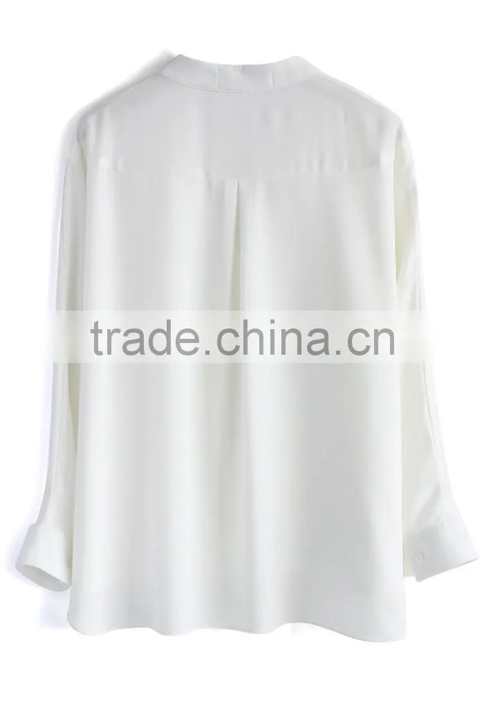 Women Suit Batwing Crepe Long Loose Shirt in White with Deep V Neckline White School Shirt